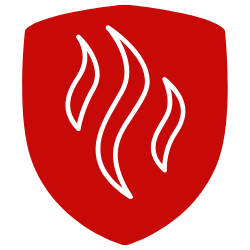 Red shield with white flame icon representing HVAC Master LLC trusted heating services