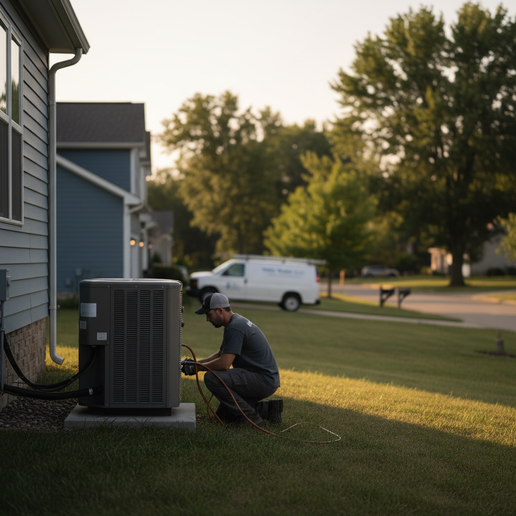 AC leak repair service being performed on a residential unit in a quiet Springfield, MO neighborhood.