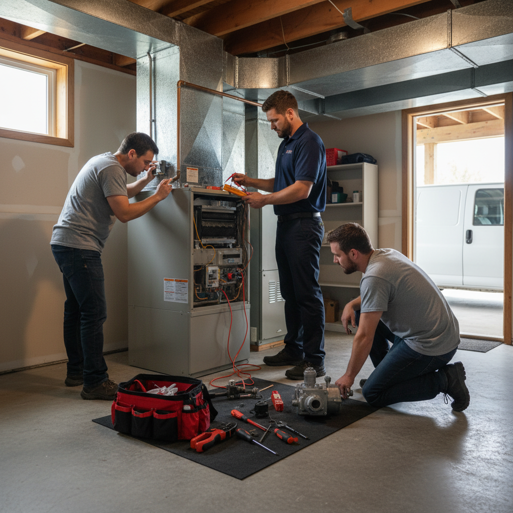 Close-up of a technician diagnosing a furnace not heating issue with diagnostic tools.