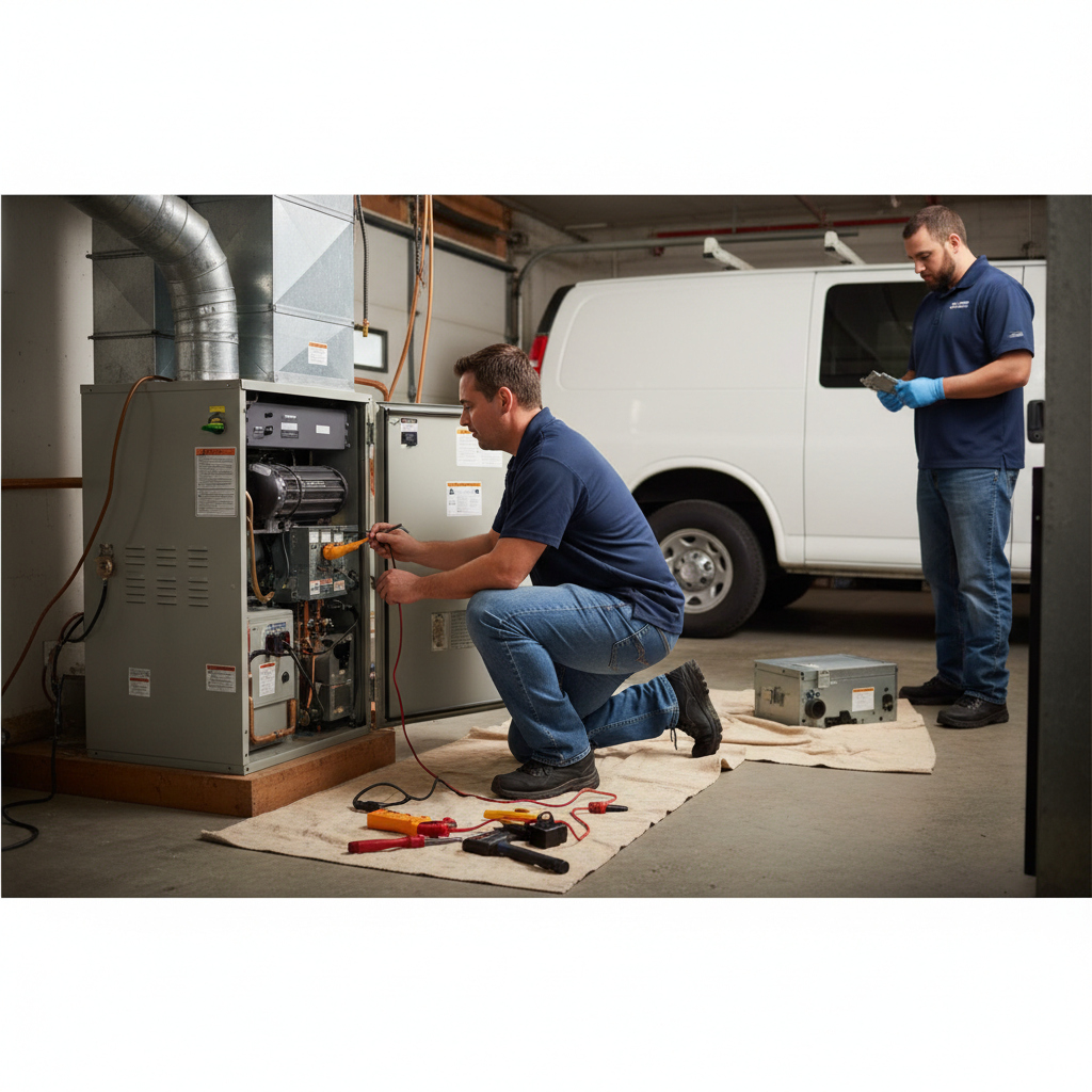 A close-up shot of a technician performing furnace repair, showing tools and intricate wiring.
