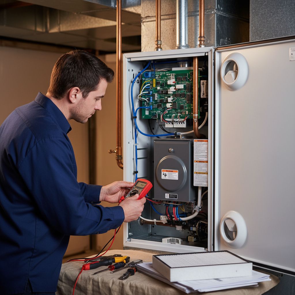Close-up of a technician's hands using tools during furnace repair service work.