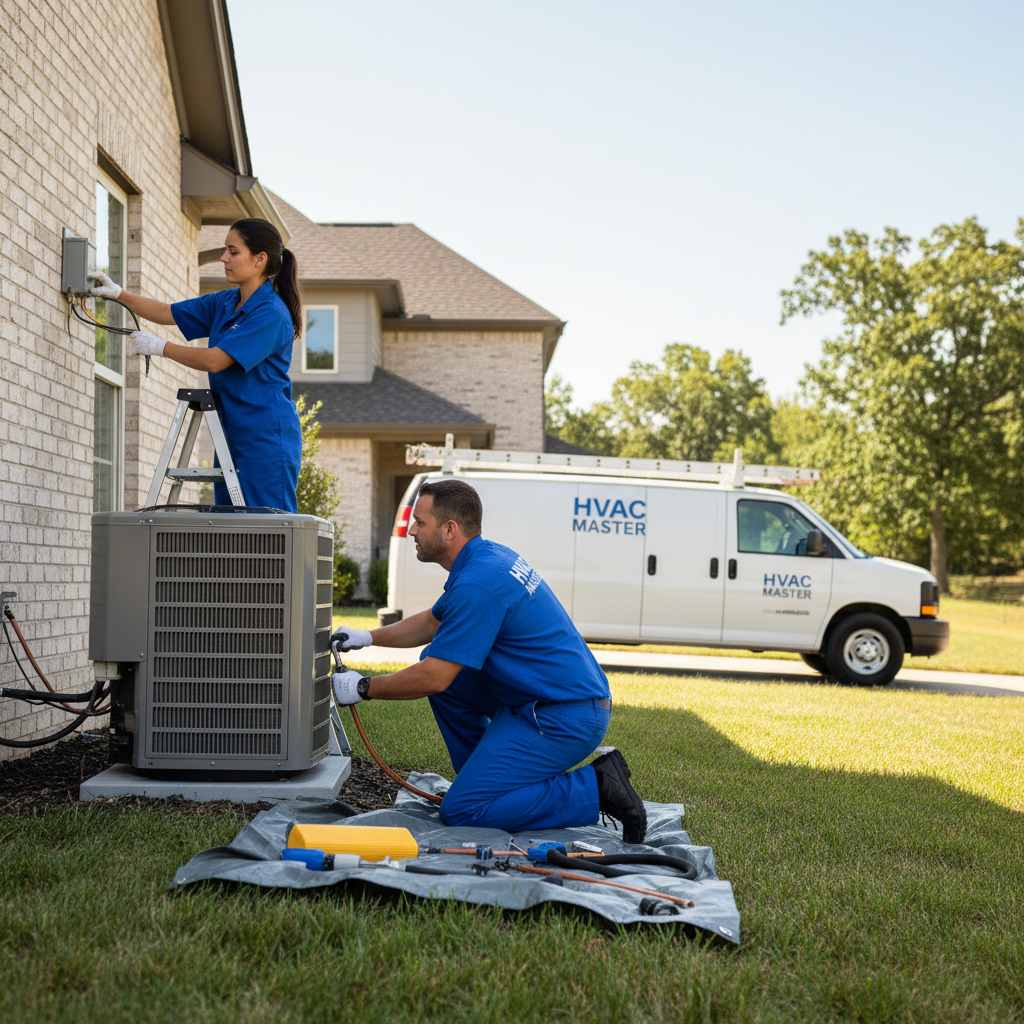 HVAC Master team installing a new air conditioning unit, providing reliable cooling in Nixa, MO.