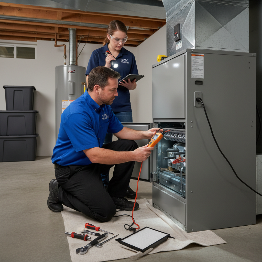 HVAC Master team performing a thorough furnace inspection and maintenance in a Branson, MO basement.