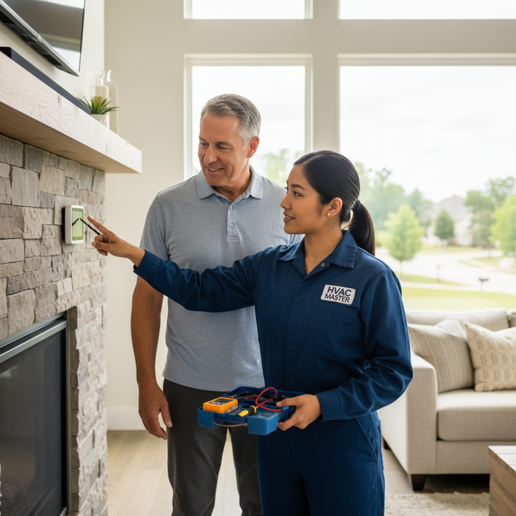 HVAC Master technician explaining a new thermostat to a homeowner in Nixa, MO.