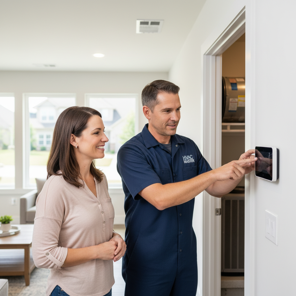 HVAC Master technician explaining a new thermostat to a satisfied homeowner in Nixa, MO.