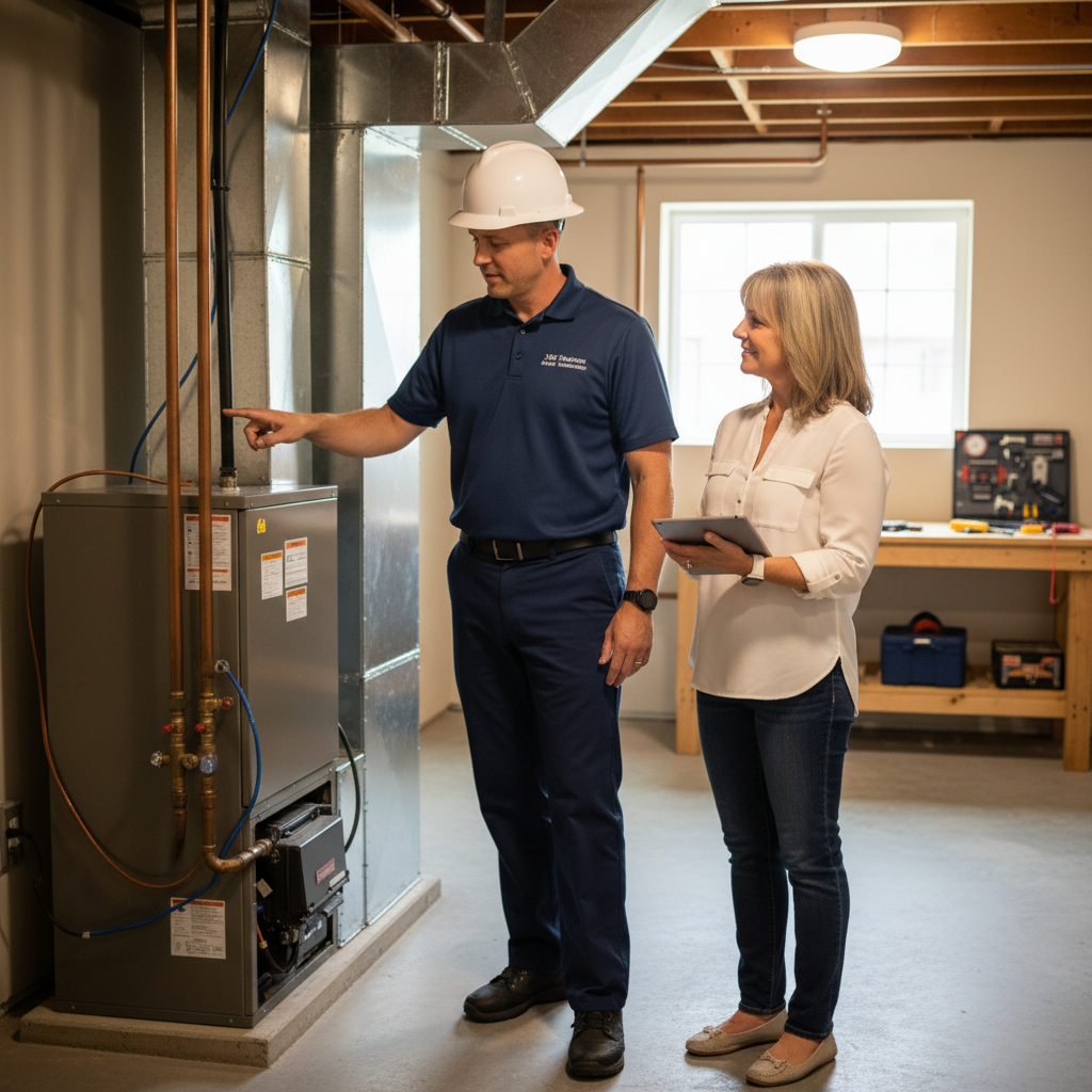 HVAC Master technician explaining a repair to a homeowner in Nixa, MO, ensuring transparent service.