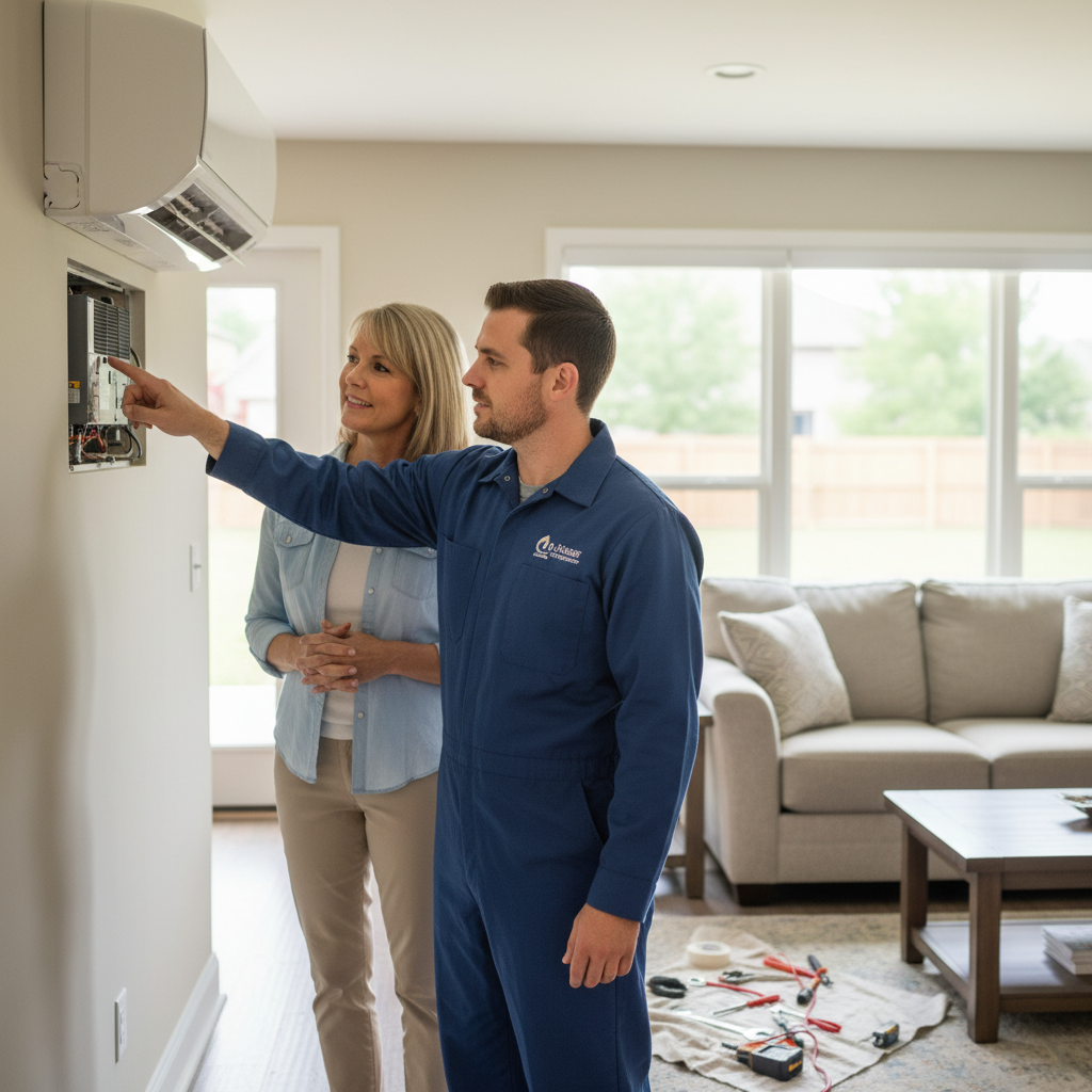 HVAC Master technician explaining a repair to a homeowner in Nixa, MO, providing professional service.