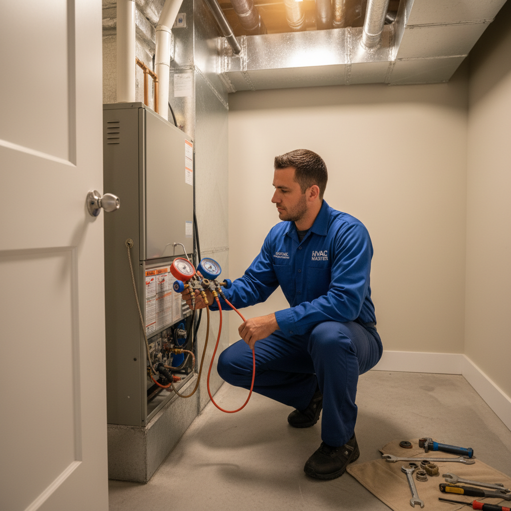 HVAC Master technician inspecting a furnace in a modern home in Branson, MO.