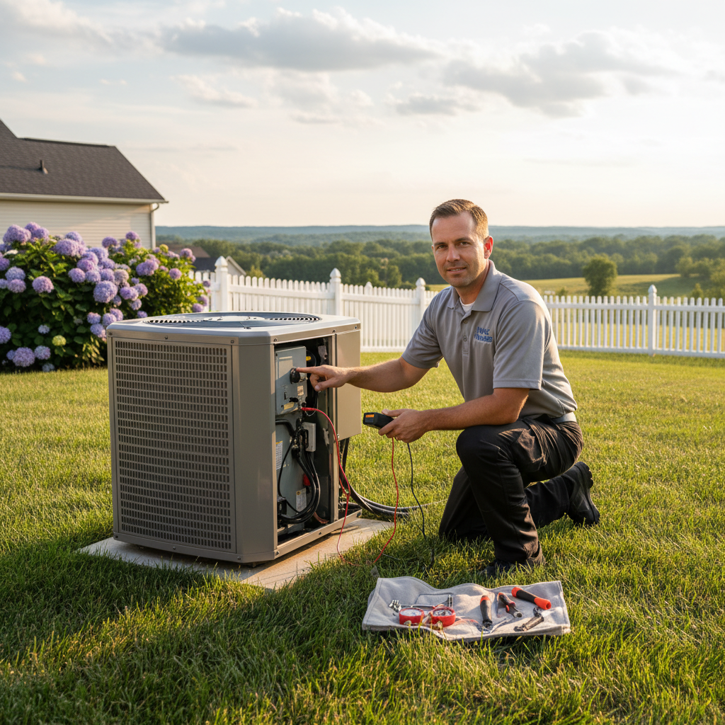 HVAC Master technician inspecting an outdoor AC unit for homes across Springfield, Branson, Nixa, Ozark, Rogersville MO.