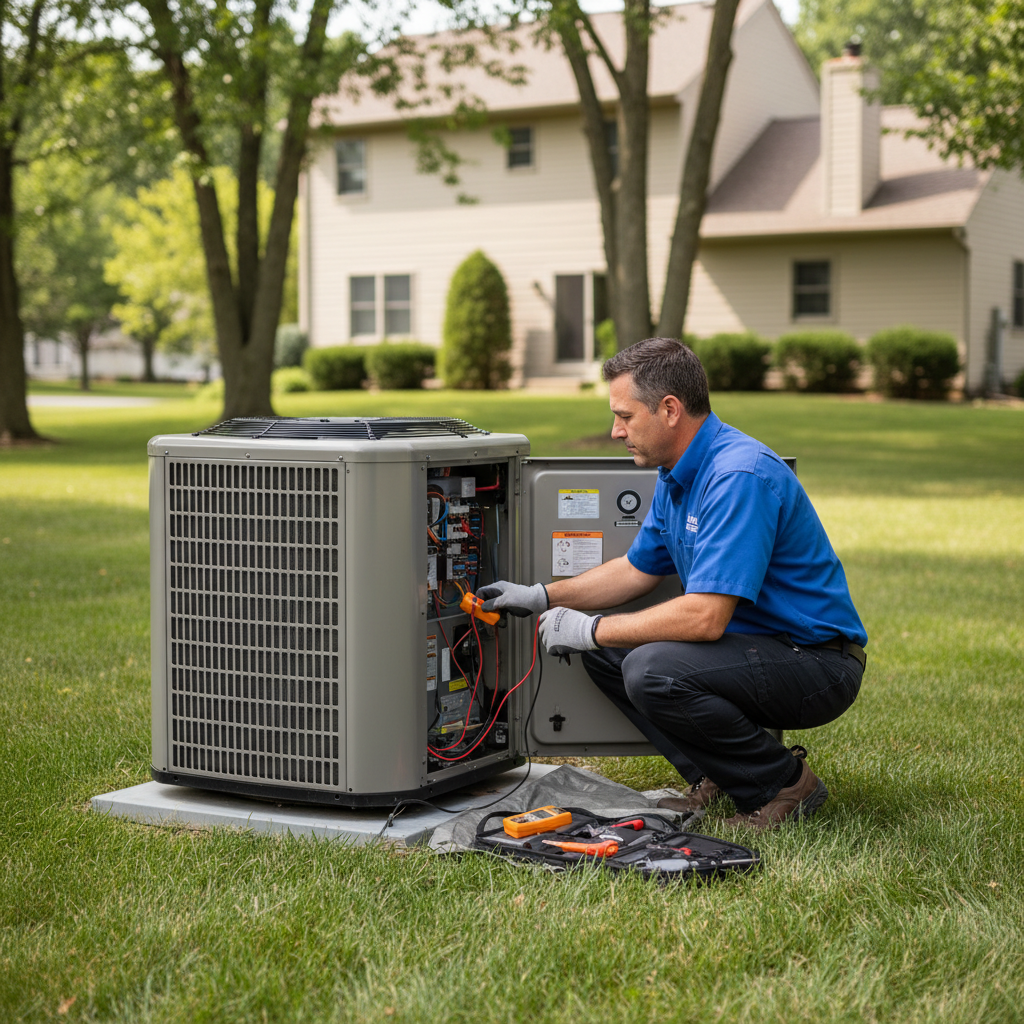 HVAC Master technician inspecting an outdoor air conditioning unit in Rogersville, MO, for optimal cooling.