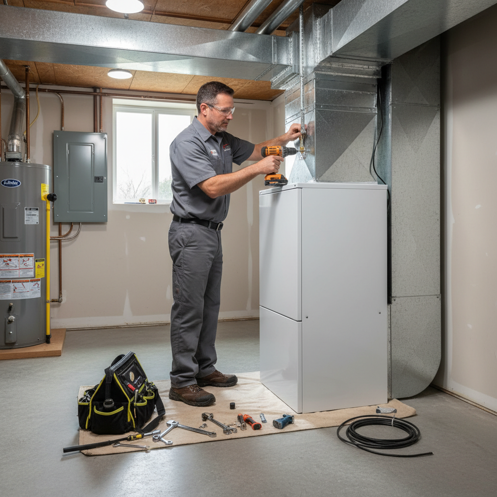 HVAC Master technician installing a new furnace in a home basement in Branson, MO.