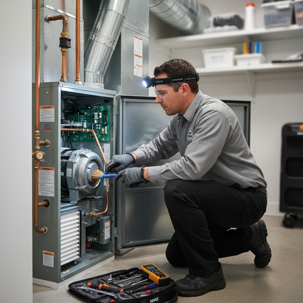 HVAC Master technician performing meticulous furnace maintenance in an Ozark, MO residence.