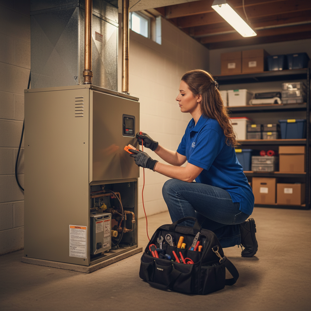HVAC Master technician servicing a furnace in a residential basement in Springfield, Branson, Nixa, Ozark, Rogersville MO.