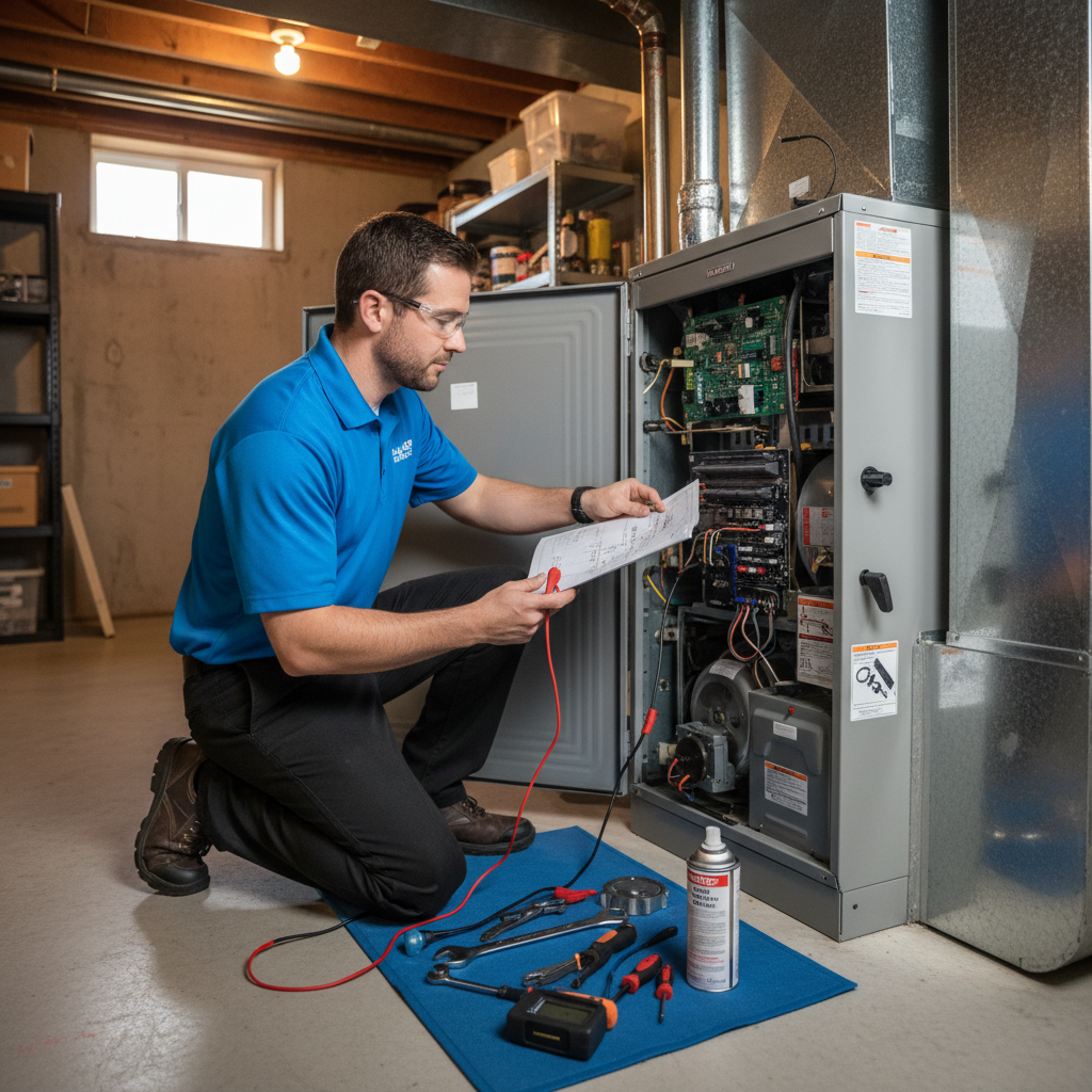 HVAC Master technician servicing a furnace in a residential home in Branson, MO.