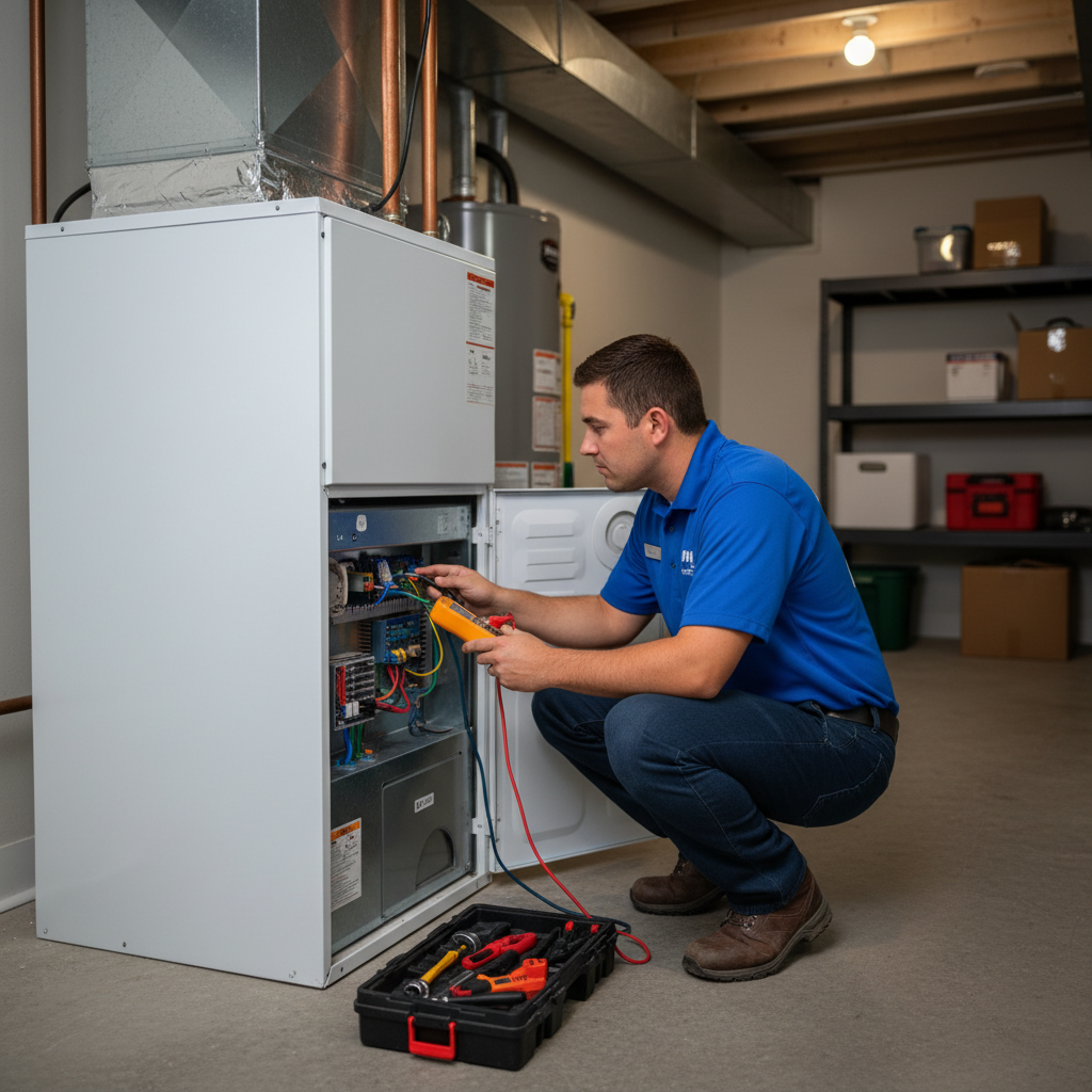 HVAC Master technician troubleshooting a furnace in a Branson, MO home.