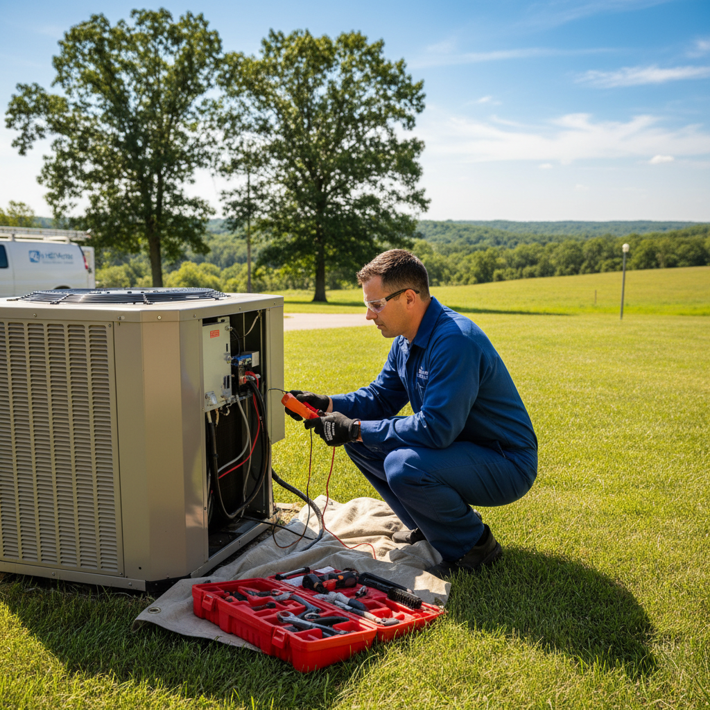 HVAC Master technician working on an outdoor air conditioning unit in Rogersville, MO.