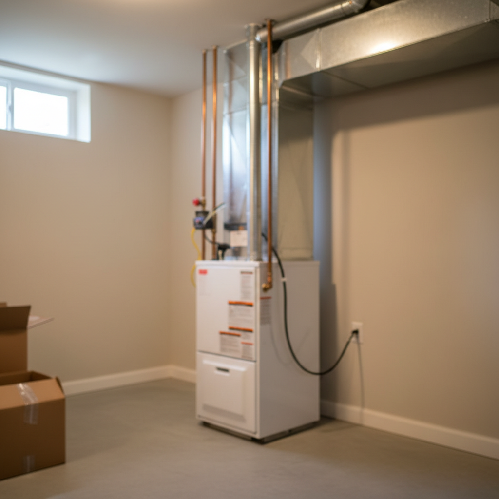 Subtle background image of an electric furnace installation in a Springfield, MO residential basement.