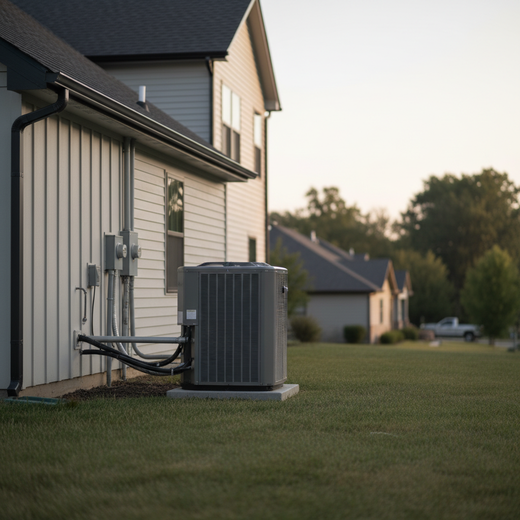 Subtle outdoor shot of a building mechanical system unit beside a Springfield, MO home in a quiet neighborhood.